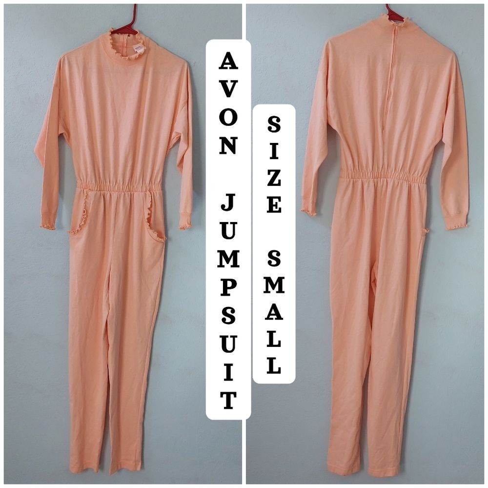 Vintage AVON Peach Colored Long Sleeve Ruffled Trim Jumpsuit Size Small